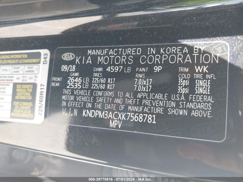 2019 Kia Sportage Lx VIN: KNDPM3ACXK756878 Lot: 39770916