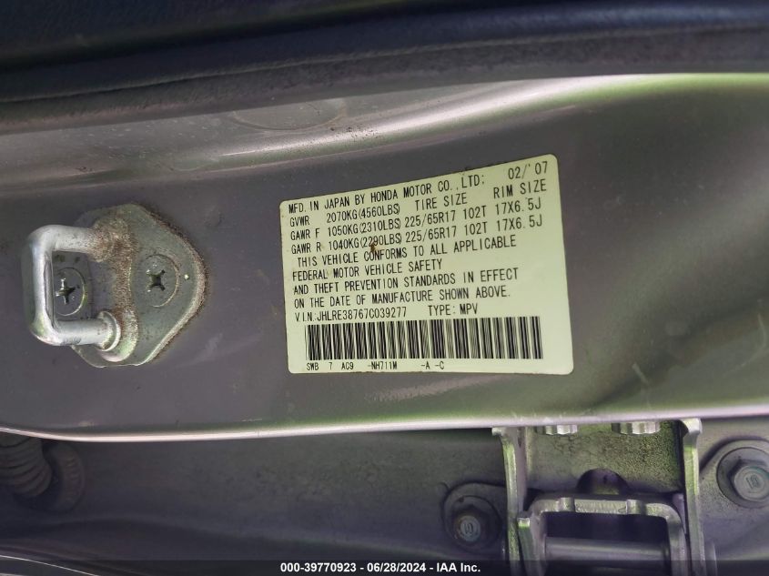 2007 Honda Cr-V Ex-L VIN: JHLRE38767C039277 Lot: 39770923