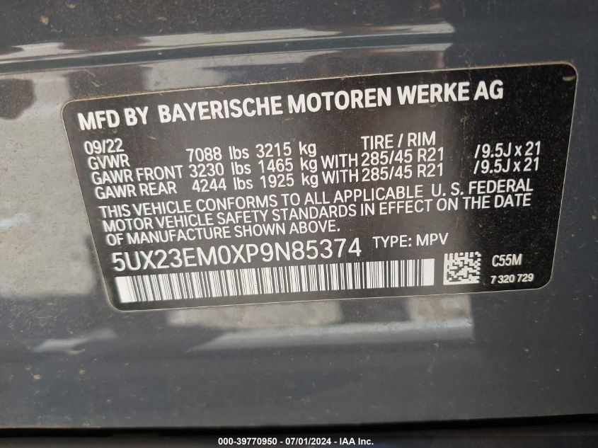 2023 BMW X7 xDrive40I VIN: 5UX23EM0XP9N85374 Lot: 39770950