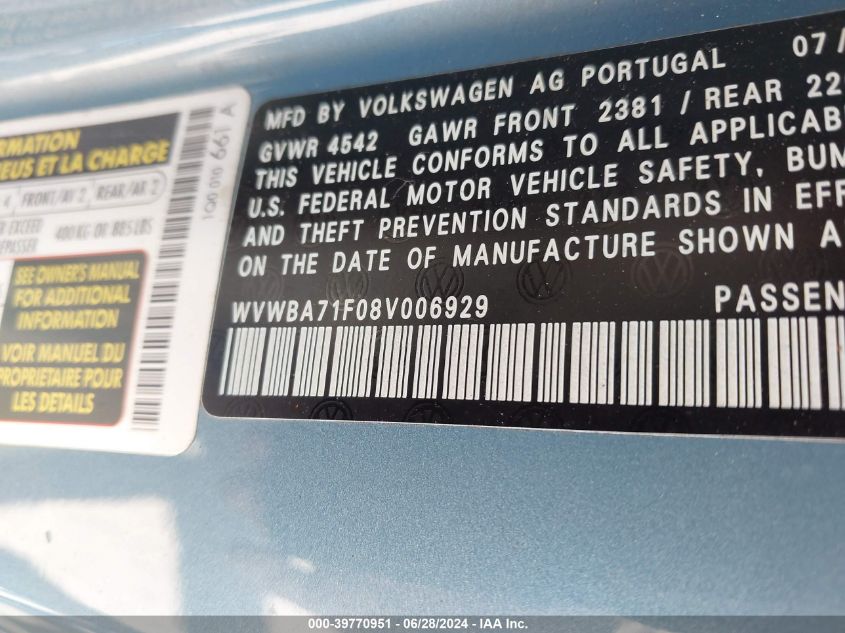 2008 Volkswagen Eos Komfort/Turbo VIN: WVWBA71F08V006929 Lot: 39770951