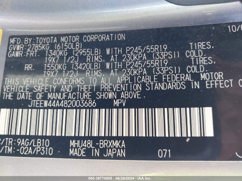 2008 Toyota Highlander Hybrid Limited VIN: JTEEW44A482003686 Lot: 39770955