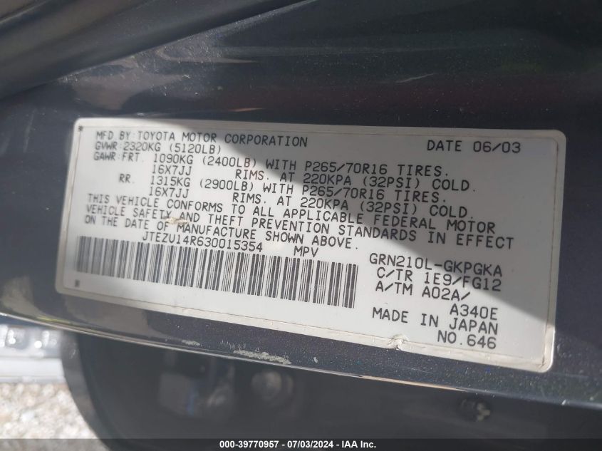 2003 Toyota 4Runner Sr5 VIN: JTEZU14R630015354 Lot: 39770957