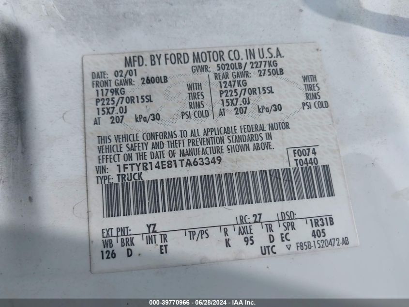 1FTYR14E81TA63349 2001 Ford Ranger Edge/Xlt