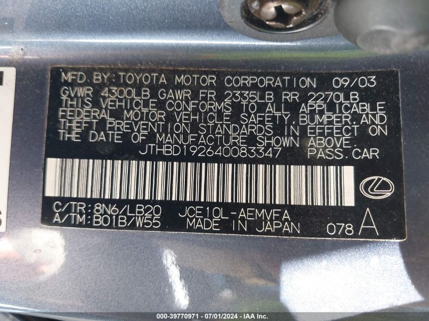 2004 Lexus Is 300 Base W/5-Speed Manual VIN: JTHBD192640083347 Lot: 39770971