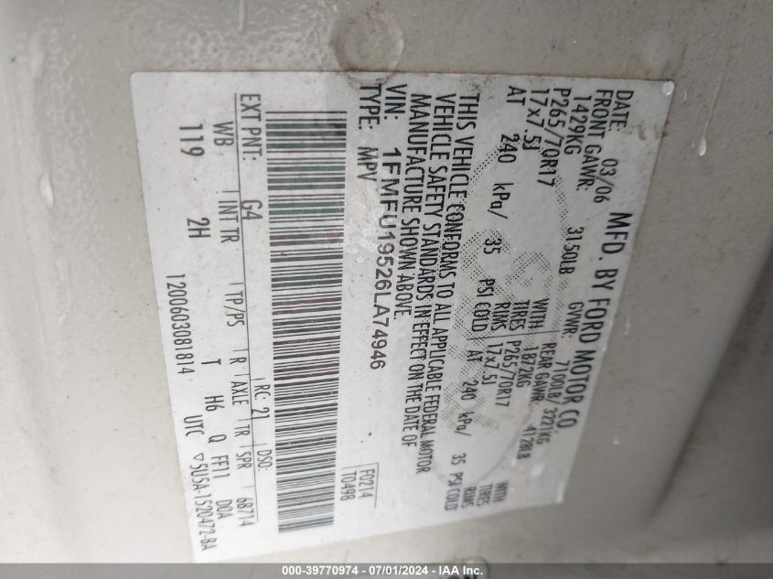 2006 Ford Expedition Limited VIN: 1FMFU19526LA74946 Lot: 39770974