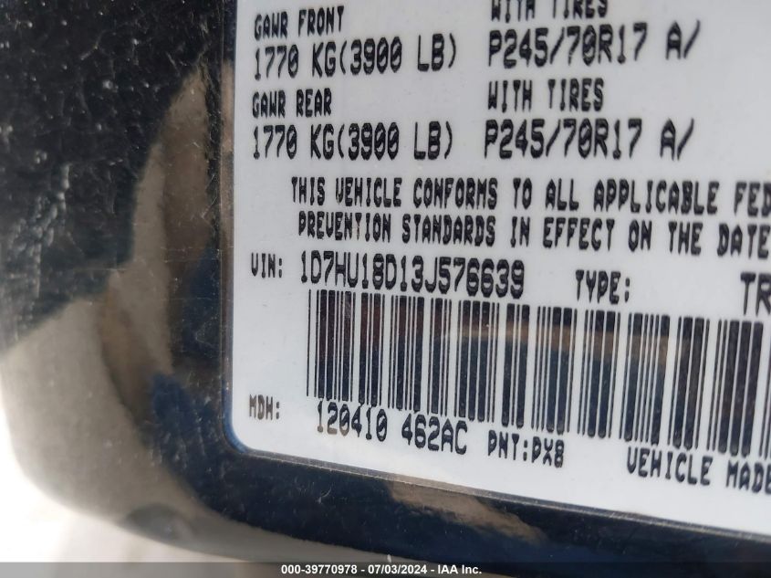 2003 Dodge Ram 1500 St/Slt VIN: 1D7HU18D13J576639 Lot: 39770978