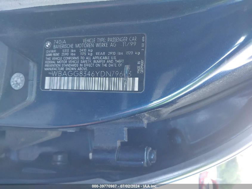 2000 BMW 740 I Automatic VIN: WBAGG8346YDN79603 Lot: 39770987