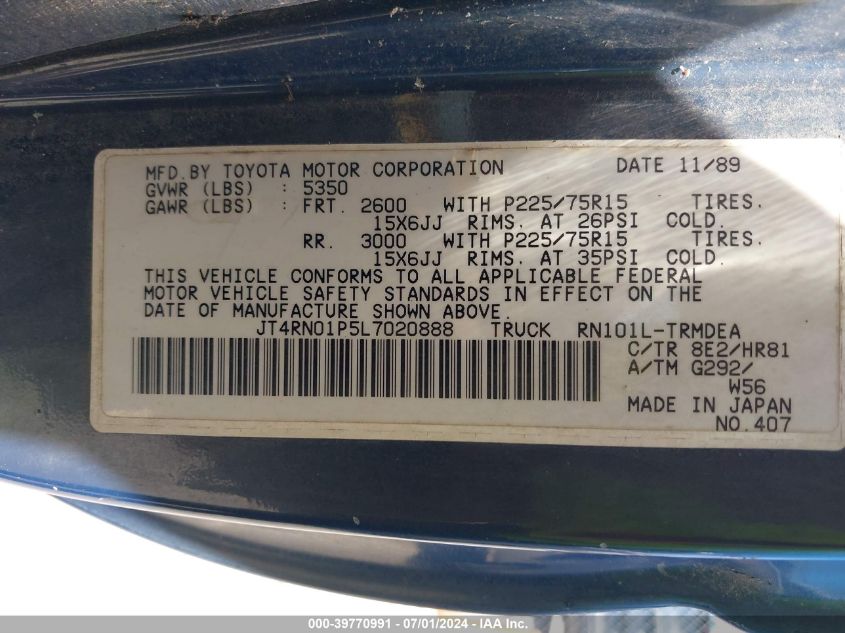 1990 Toyota Pickup 1/2 Ton Sht Wheelbase Dlx VIN: JT4RN01P5L7020888 Lot: 39770991