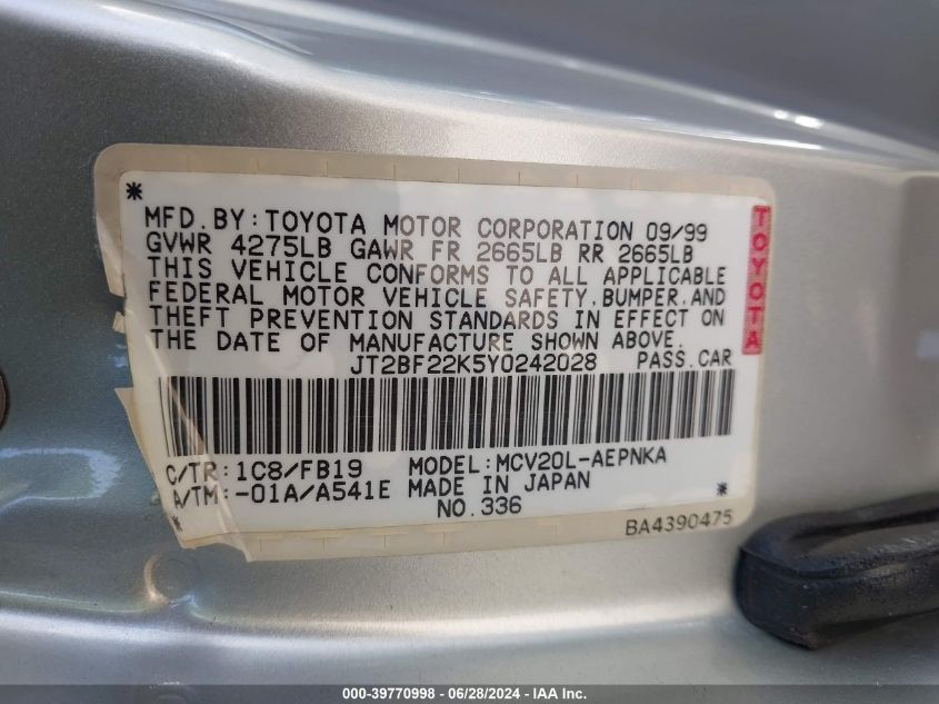 2000 Toyota Camry Le V6 VIN: JT2BF22K5Y0242028 Lot: 39770998