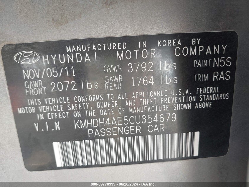 2012 Hyundai Elantra Gls (Ulsan Plant) VIN: KMHDH4AE5CU354679 Lot: 39770999