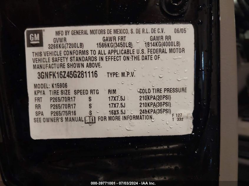 2005 Chevrolet Suburban 1500 Z71 VIN: 3GNFK16Z45G281116 Lot: 39771001