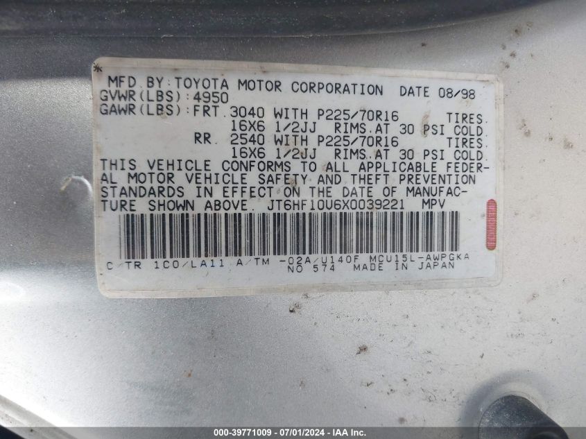 1999 Lexus Rx 300 VIN: JT6HF10U6X0039221 Lot: 39771009