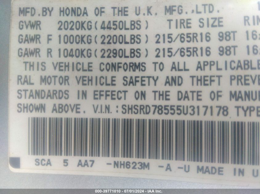 2005 Honda Cr-V Lx VIN: SHSRD78555U317178 Lot: 39771010