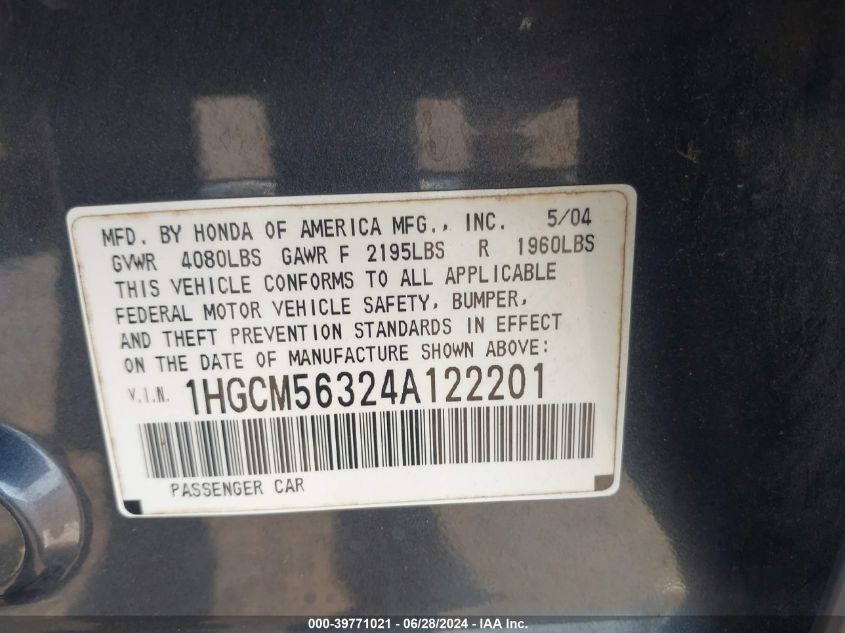 2004 Honda Accord 2.4 Lx VIN: 1HGCM56324A122201 Lot: 39771021