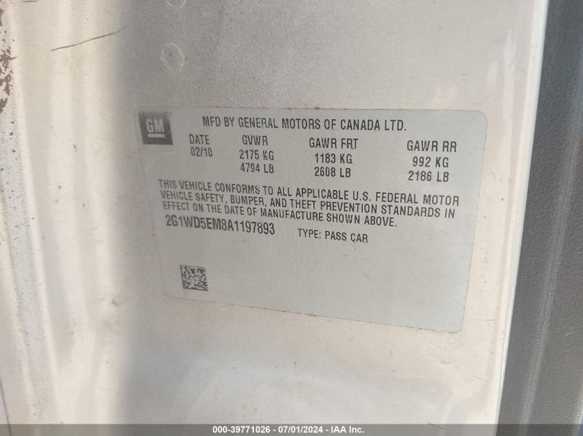 2010 Chevrolet Impala Police VIN: 2G1WD5EM8A1197893 Lot: 39771026