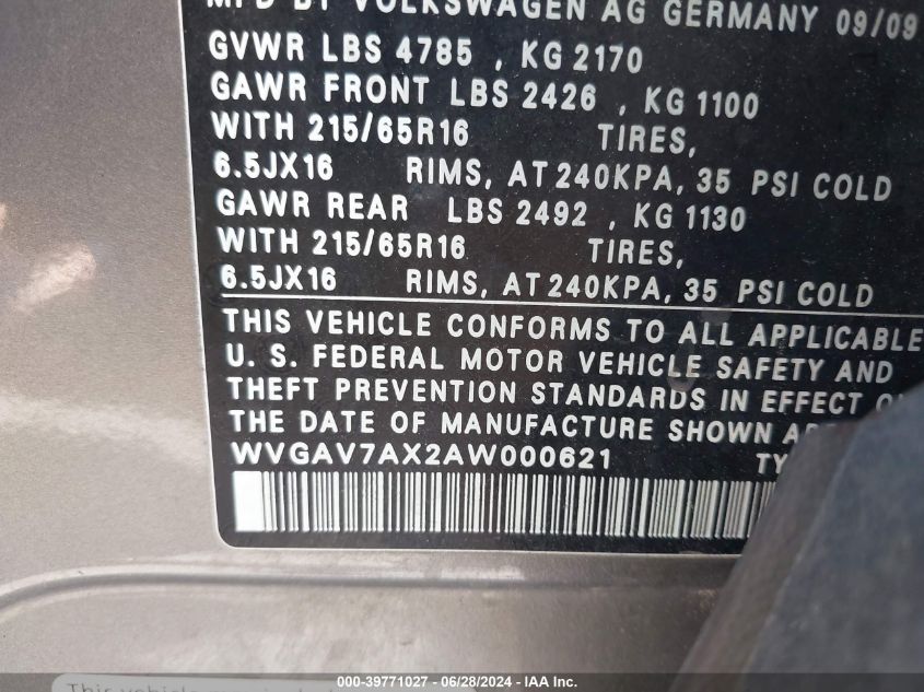 2010 Volkswagen Tiguan S VIN: WVGAV7AX2AW000621 Lot: 39771027