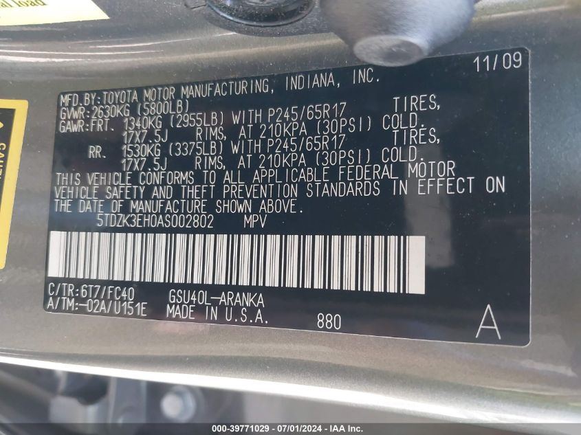 2010 Toyota Highlander Base V6 VIN: 5TDZK3EH0AS002802 Lot: 39771029