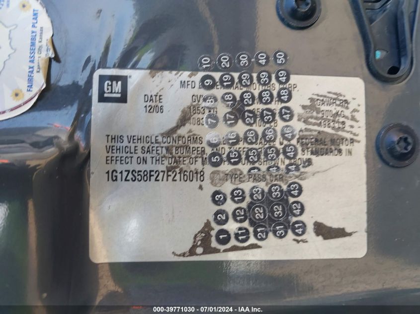 2007 Chevrolet Malibu Ls VIN: 1G1ZS58F27F216018 Lot: 39771030