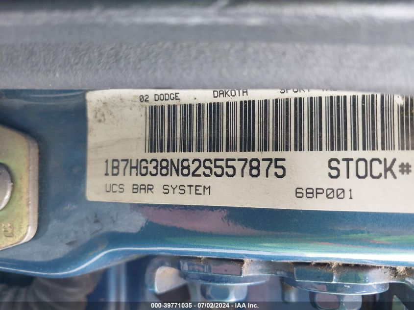2002 Dodge Dakota Quad Sport/Quad R/T VIN: 1B7HG38N82S557875 Lot: 39771035