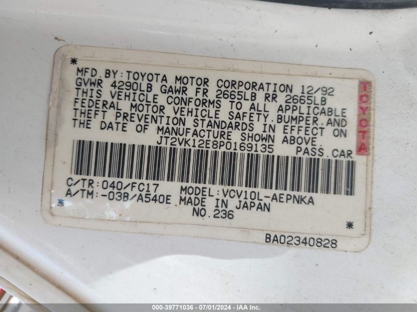 1993 Toyota Camry Le VIN: JT2VK12E8P0169135 Lot: 39771036