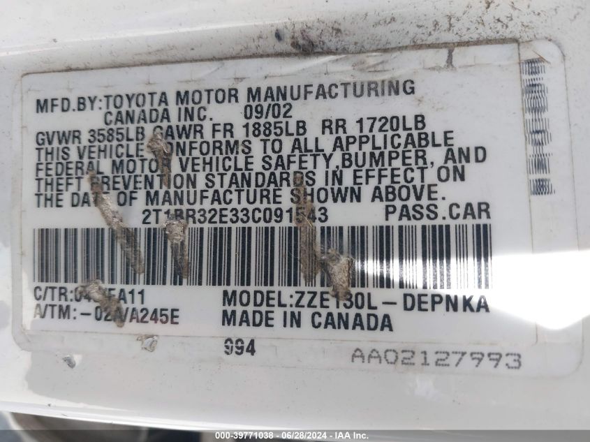 2003 Toyota Corolla Le VIN: 2T1BR32E33C091543 Lot: 39771038