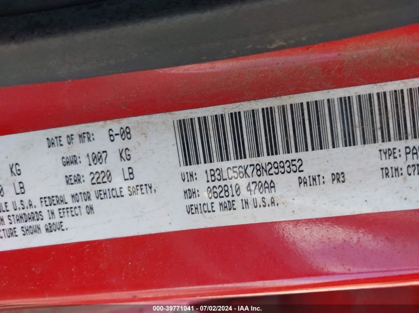 2008 Dodge Avenger Sxt VIN: 1B3LC56K78N299352 Lot: 39771041