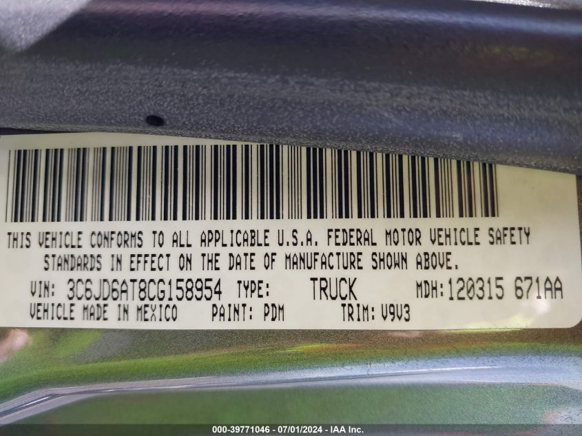 2012 Ram 1500 St VIN: 3C6JD6AT8CG158954 Lot: 39771046