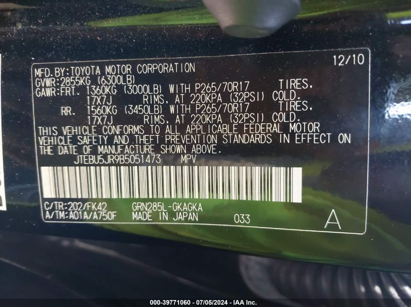 2011 Toyota 4Runner Sr5 V6 VIN: JTEBU5JR9B5051473 Lot: 39771060