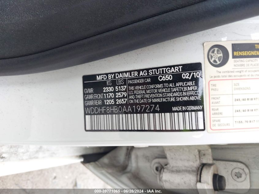 2010 Mercedes-Benz E 350 4Matic VIN: WDDHF8HB0AA197274 Lot: 39771065