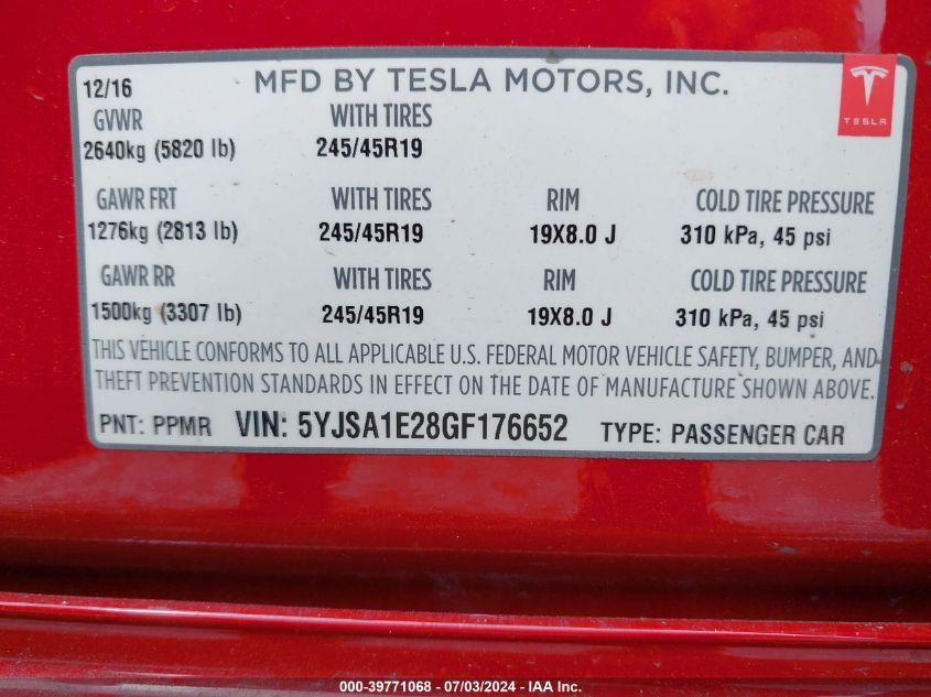 2016 Tesla Model S 60D/70D/75D/85D/90D VIN: 5YJSA1E28GF176652 Lot: 39771068