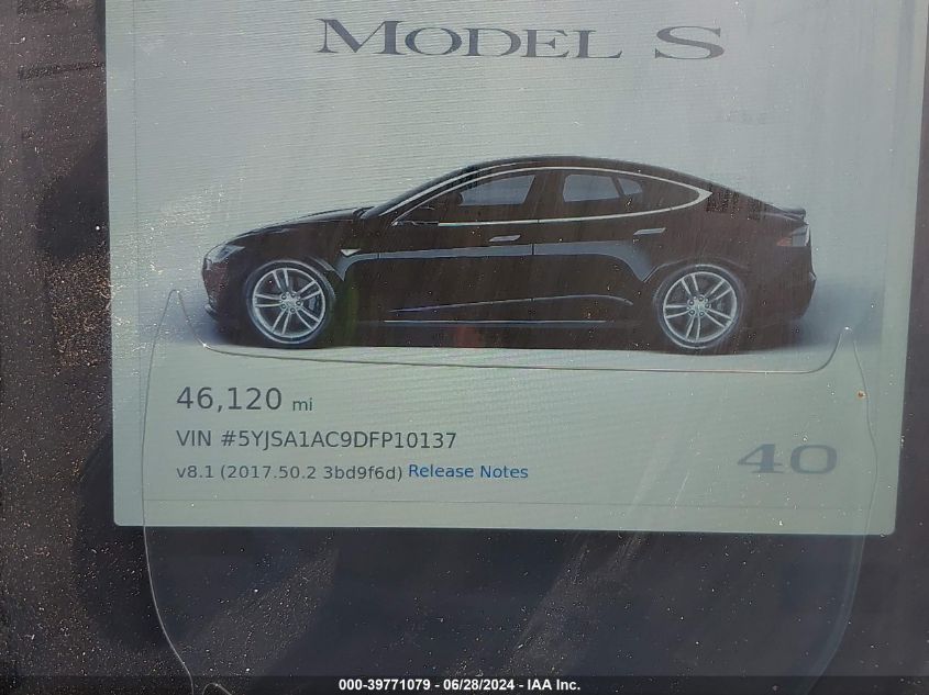 2013 Tesla Model S VIN: 5YJSA1AC9DFP10137 Lot: 39771079