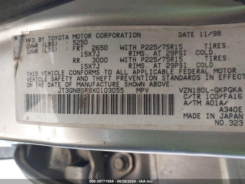 1999 Toyota 4Runner Sr5 V6 VIN: JT3GN86R8X0103055 Lot: 39771084