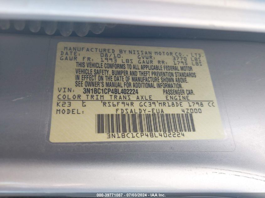 2011 Nissan Versa 1.8S VIN: 3N1BC1CP4BL402224 Lot: 39771087