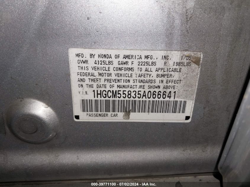 2005 Honda Accord 2.4 Ex VIN: 1HGCM55835A066641 Lot: 39771100