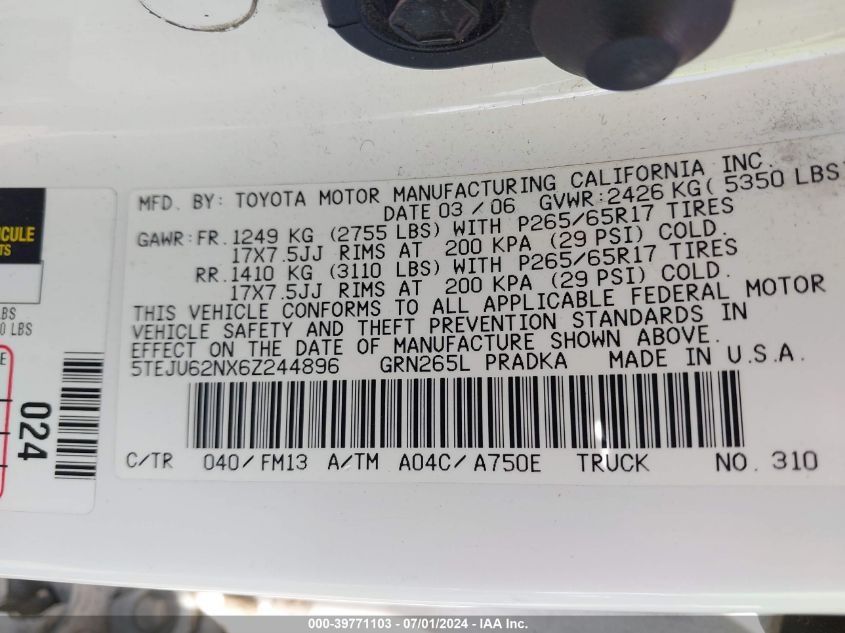 2006 Toyota Tacoma Prerunner V6 VIN: 5TEJU62NX6Z244896 Lot: 39771103