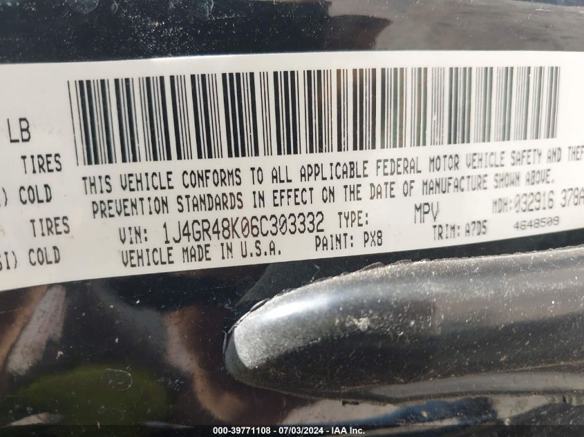 2006 Jeep Grand Cherokee Laredo VIN: 1J4GR48K06C303332 Lot: 39771108