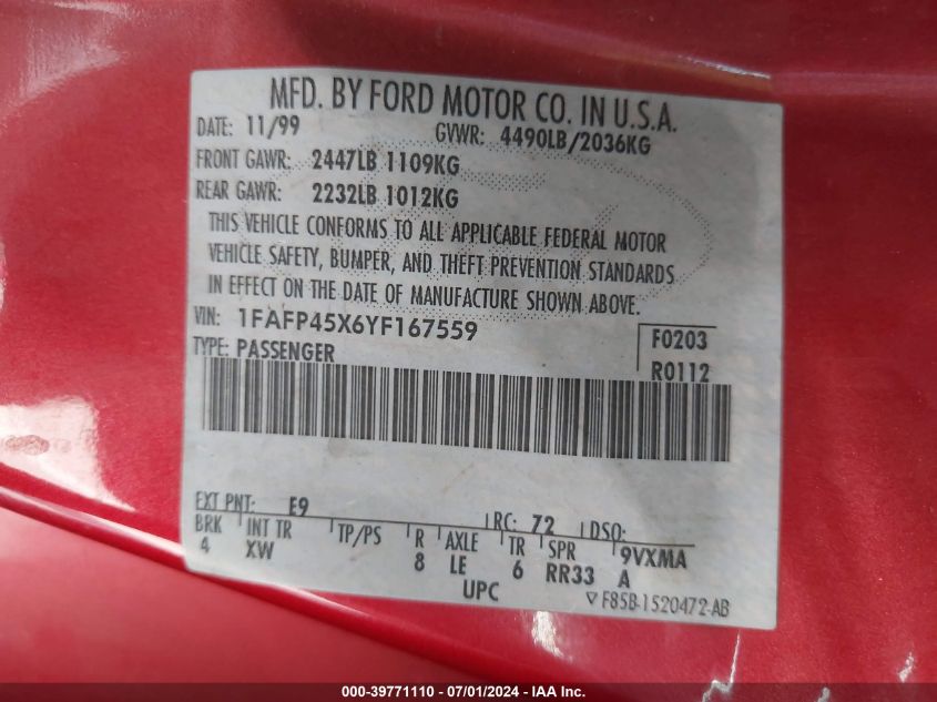 2000 Ford Mustang Gt VIN: 1FAFP45X6YF167559 Lot: 39771110