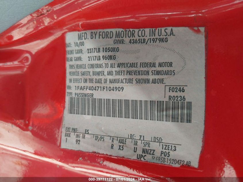 2001 Ford Mustang VIN: 1FAFP40471F104909 Lot: 39771122