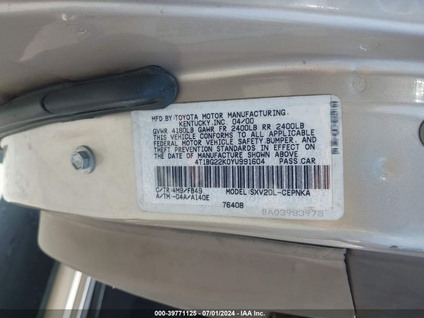 2000 Toyota Camry Le VIN: 4T1BG22K0YU991604 Lot: 39771125