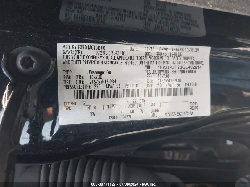 2016 Ford Focus Se VIN: 1FADP3F28GL402614 Lot: 39771127