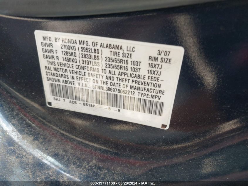 2007 Honda Odyssey Ex-L VIN: 5FNRL38697B062212 Lot: 39771139