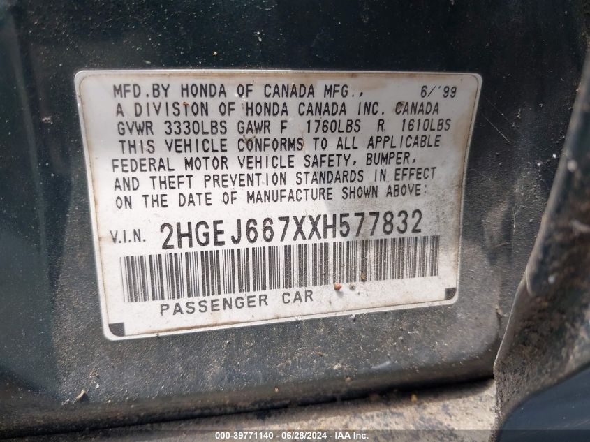 1999 Honda Civic Lx VIN: 2HGEJ667XXH577832 Lot: 39771140