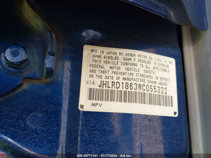 1998 Honda Cr-V Ex VIN: JHLRD1863WC055322 Lot: 39771141