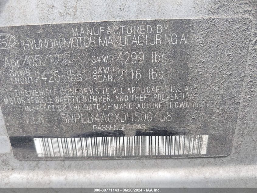 2013 Hyundai Sonata Gls VIN: 5NPEB4ACXDH506458 Lot: 39771143