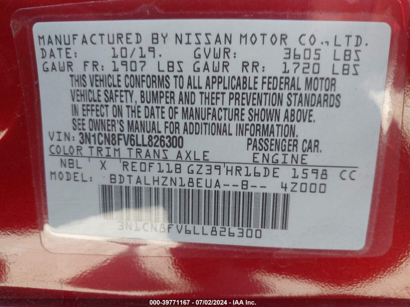 2020 Nissan Versa Sr Xtronic Cvt VIN: 3N1CN8FV6LL826300 Lot: 39771167