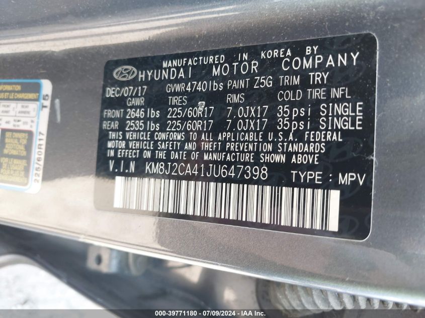 2018 Hyundai Tucson Se VIN: KM8J2CA41JU647398 Lot: 39771180