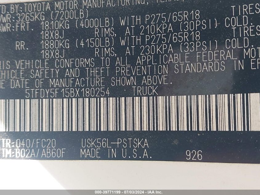 2011 Toyota Tundra Grade 5.7L V8 VIN: 5TFDY5F15BX180254 Lot: 39771199