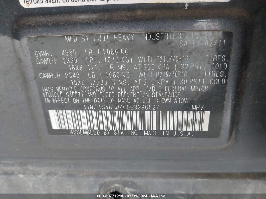 2011 Subaru Outback 2.5I VIN: 4S4BRBAC0B3396527 Lot: 39771210