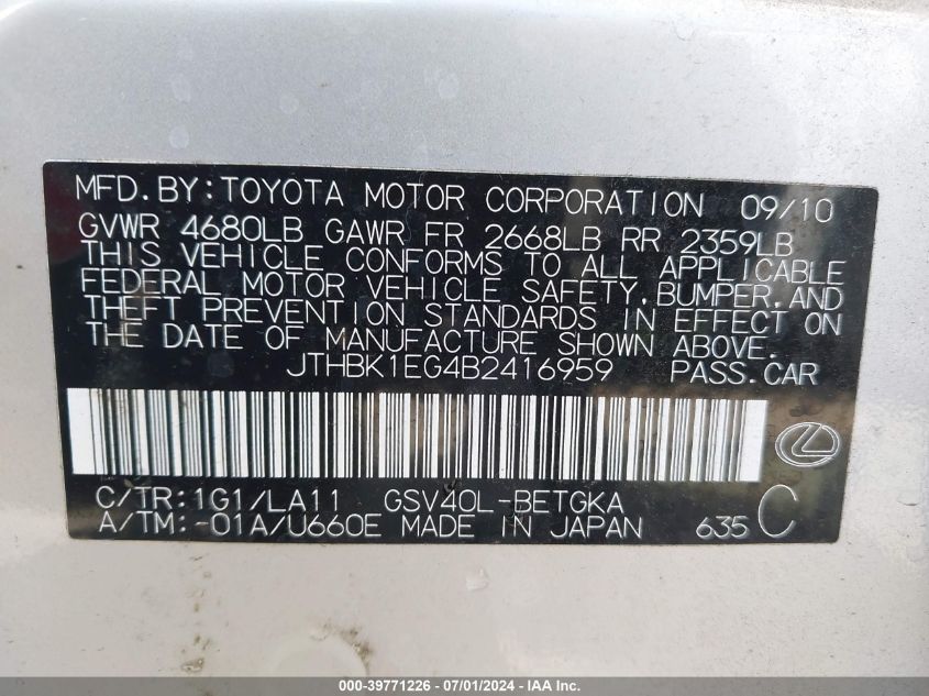 2011 Lexus Es 350 VIN: JTHBK1EG4B2416959 Lot: 39771226