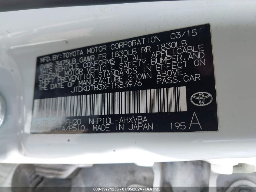 2015 Toyota Prius C One VIN: JTDKDTB3XF1583976 Lot: 39771236